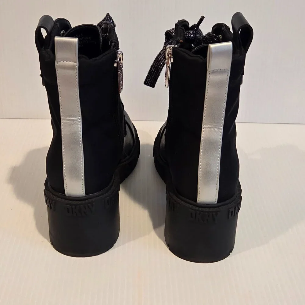 DKNY Girls Haley Block Heel Combat Military Black Boots Size 3 Chunky Heel